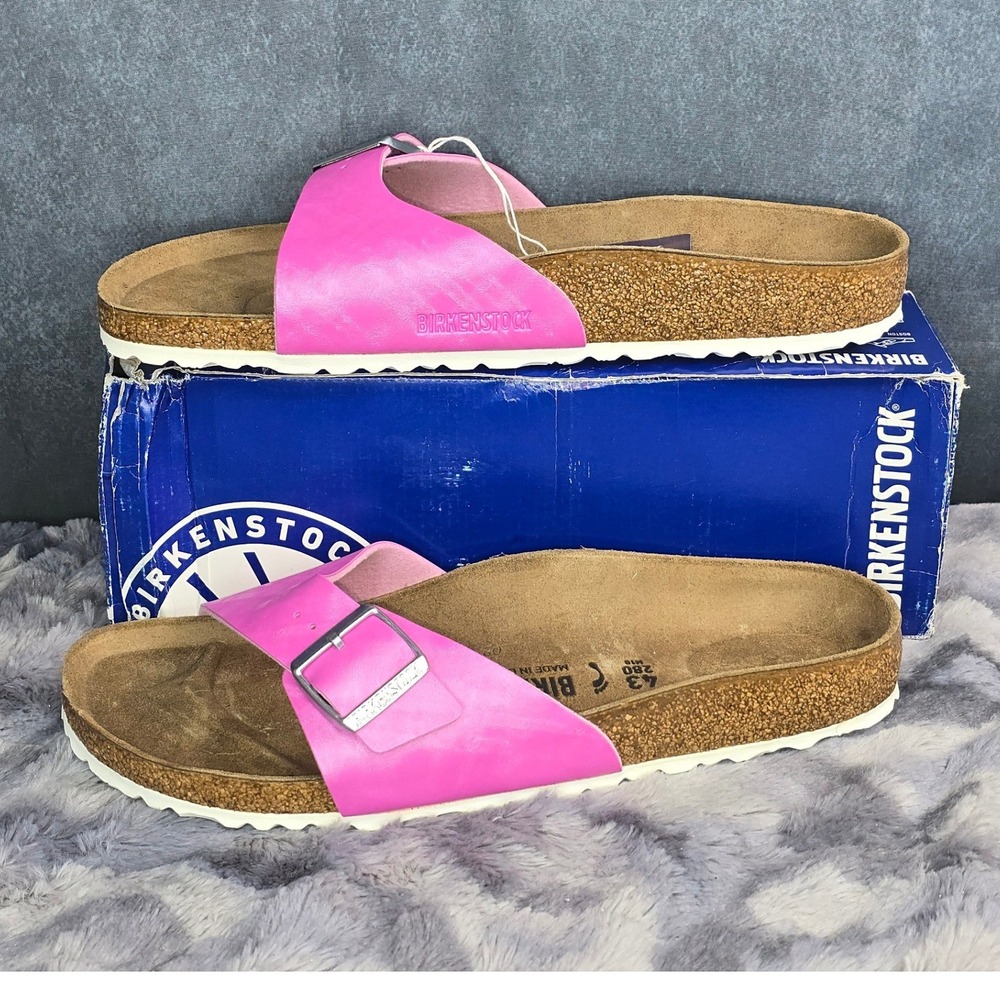 NWB Birkenstock Madrid Slide Pink Shiny Check Rose Sandals Women 12 EU 43